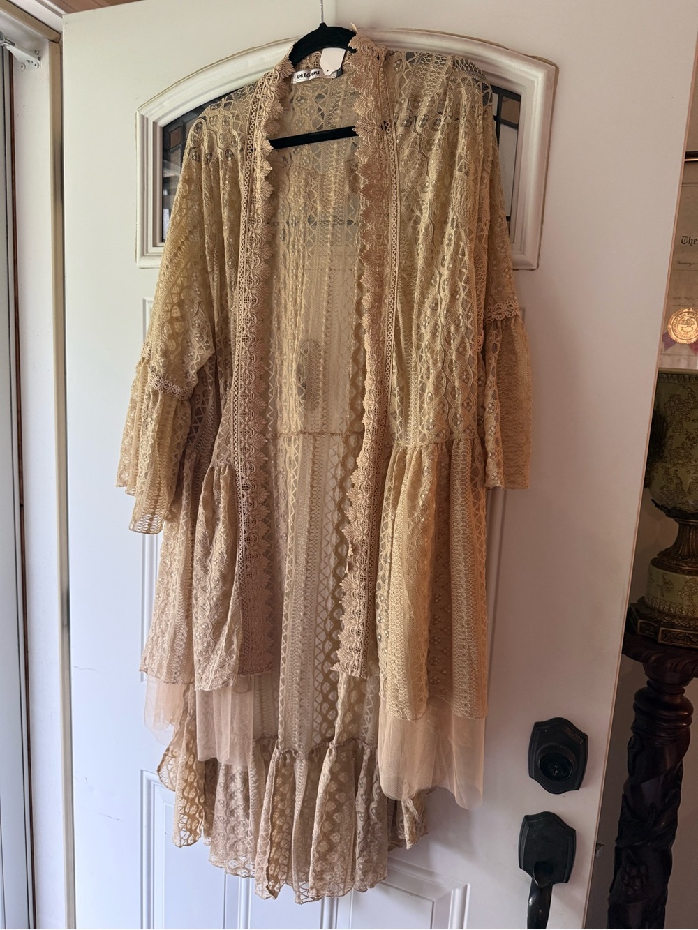 Origami New Open-Front Kimono Cardigan - Cream w lace, tulle